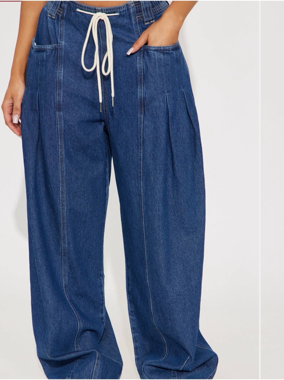 Wide Leg Drawstring Denim Pants - Deep Blue